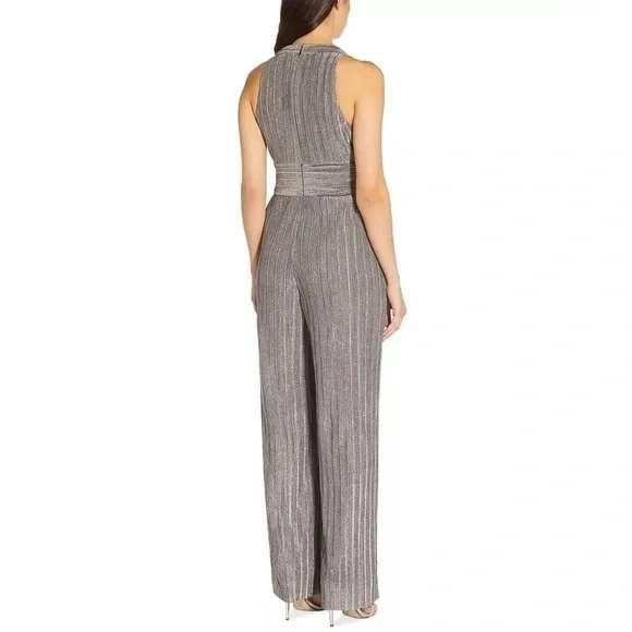 NWT Adrianna Papell Metallic Dark Silver Tie Waist Jumpsuit Size 2 Petite - Picture 2 of 3